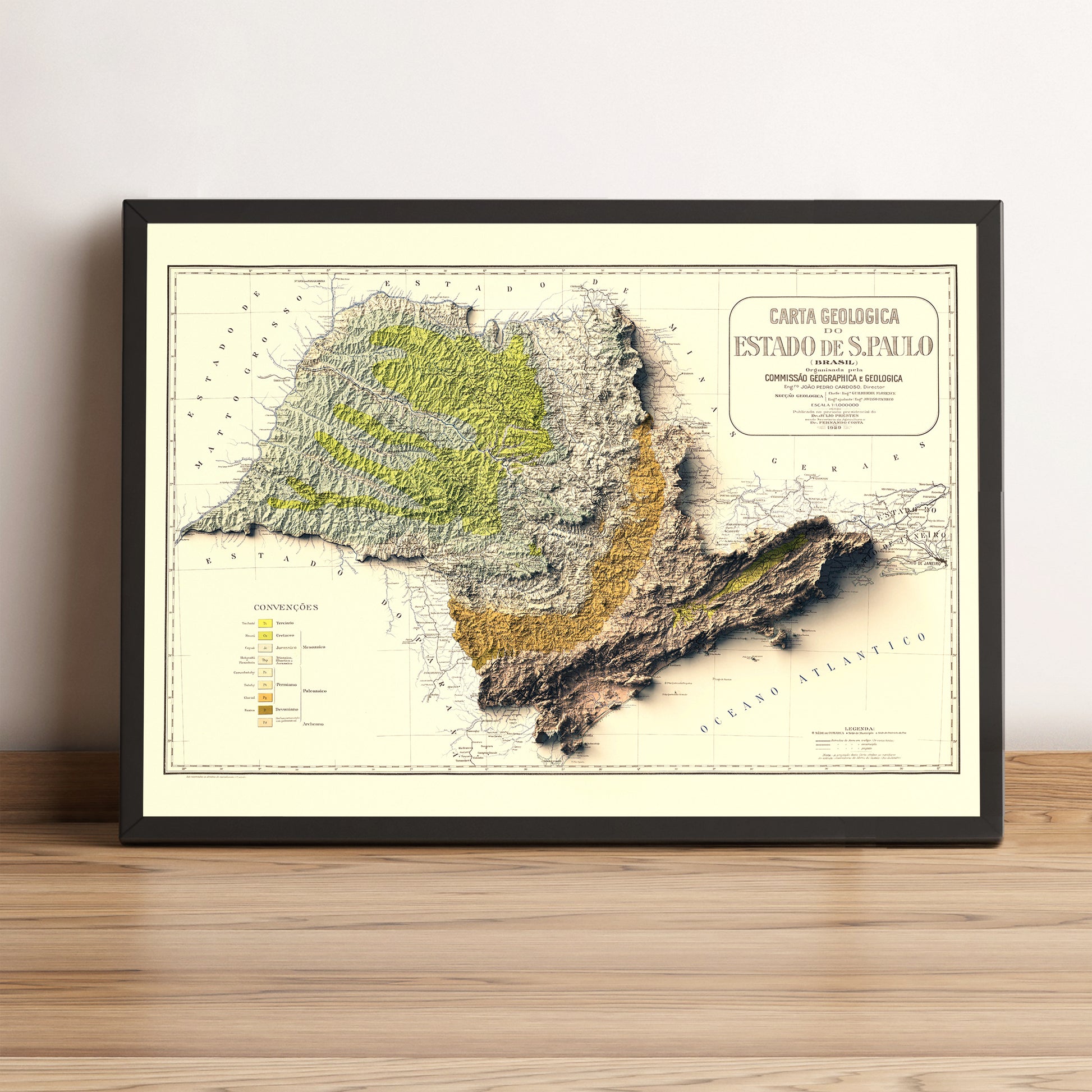Sao Paulo (Brazil) vintage framed shaded relief map in black frame. Artistic print highlighting mountains with a realistic terrain effect