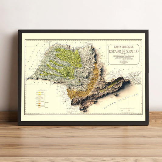 Sao Paulo (Brazil) vintage framed shaded relief map in black frame. Artistic print highlighting mountains with a realistic terrain effect