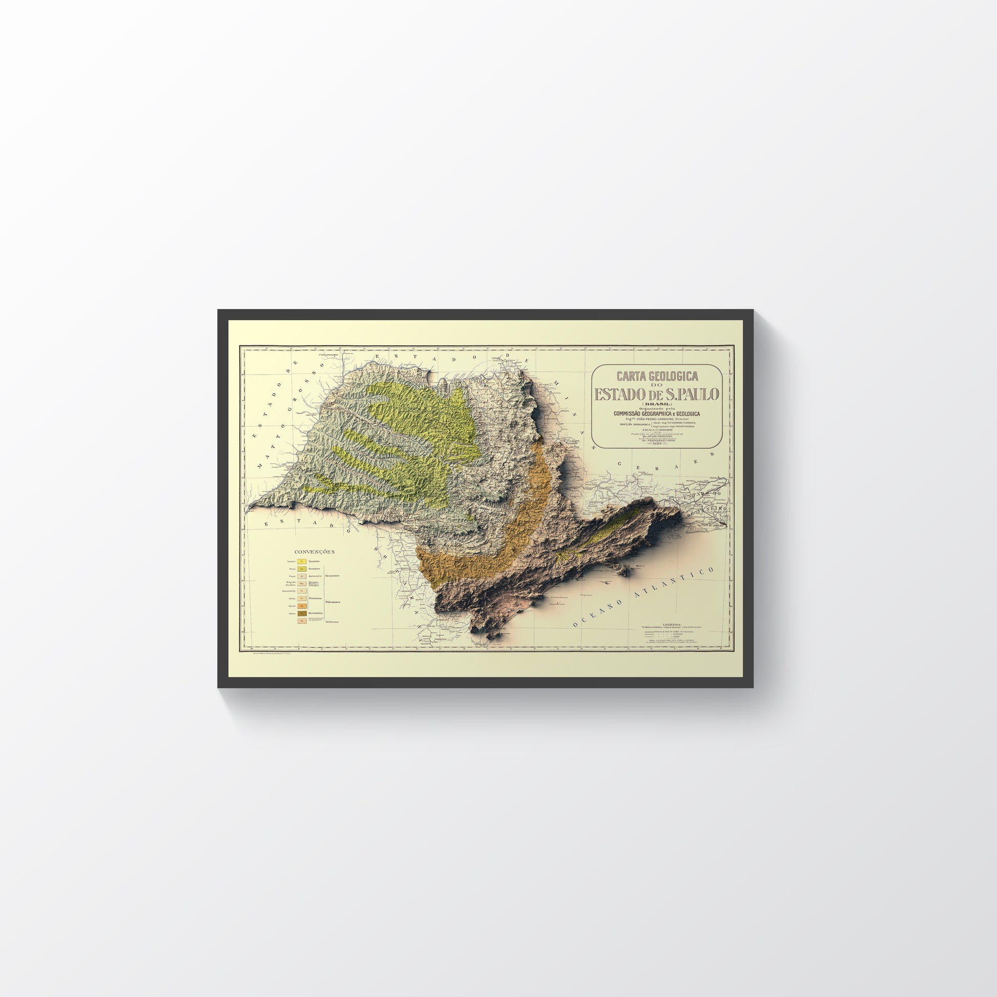 Sao Paulo (Brazil) vintage framed shaded relief map in black frame. Artistic print highlighting mountains with a realistic terrain effect