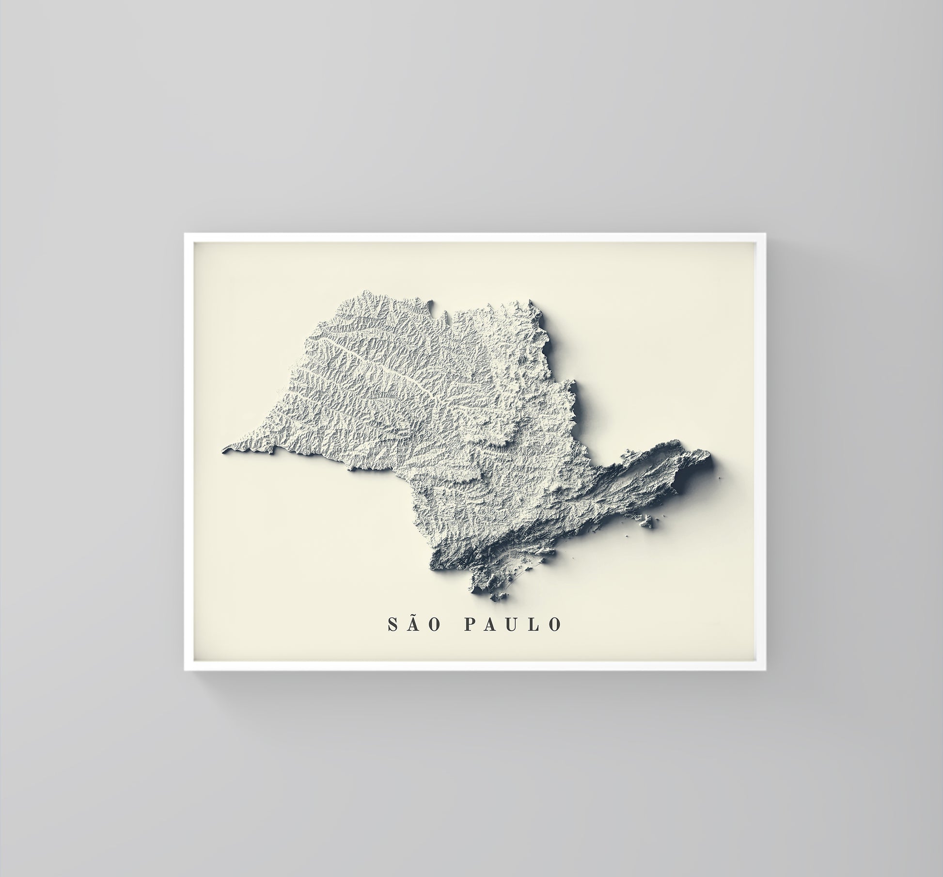 Sao Paulo (Brazil) framed shaded relief map in white frame. Artistic print highlighting mountains with a realistic 3d effect