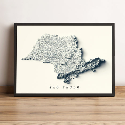 Sao Paulo (Brazil) framed shaded relief map in black frame. Artistic print highlighting mountains with a realistic terrain effect