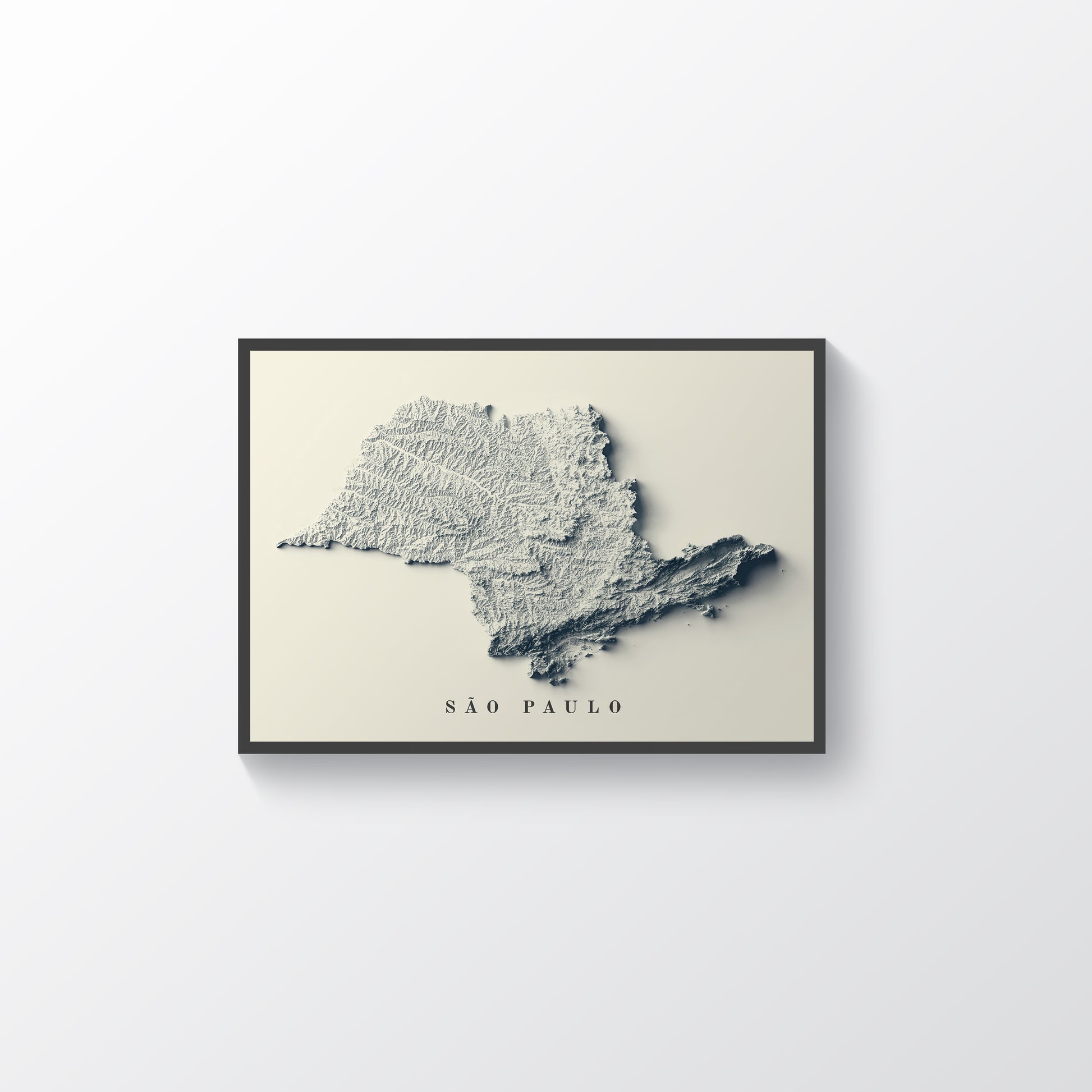 Sao Paulo (Brazil) framed shaded relief map in black frame. Artistic print highlighting mountains with a realistic terrain effect