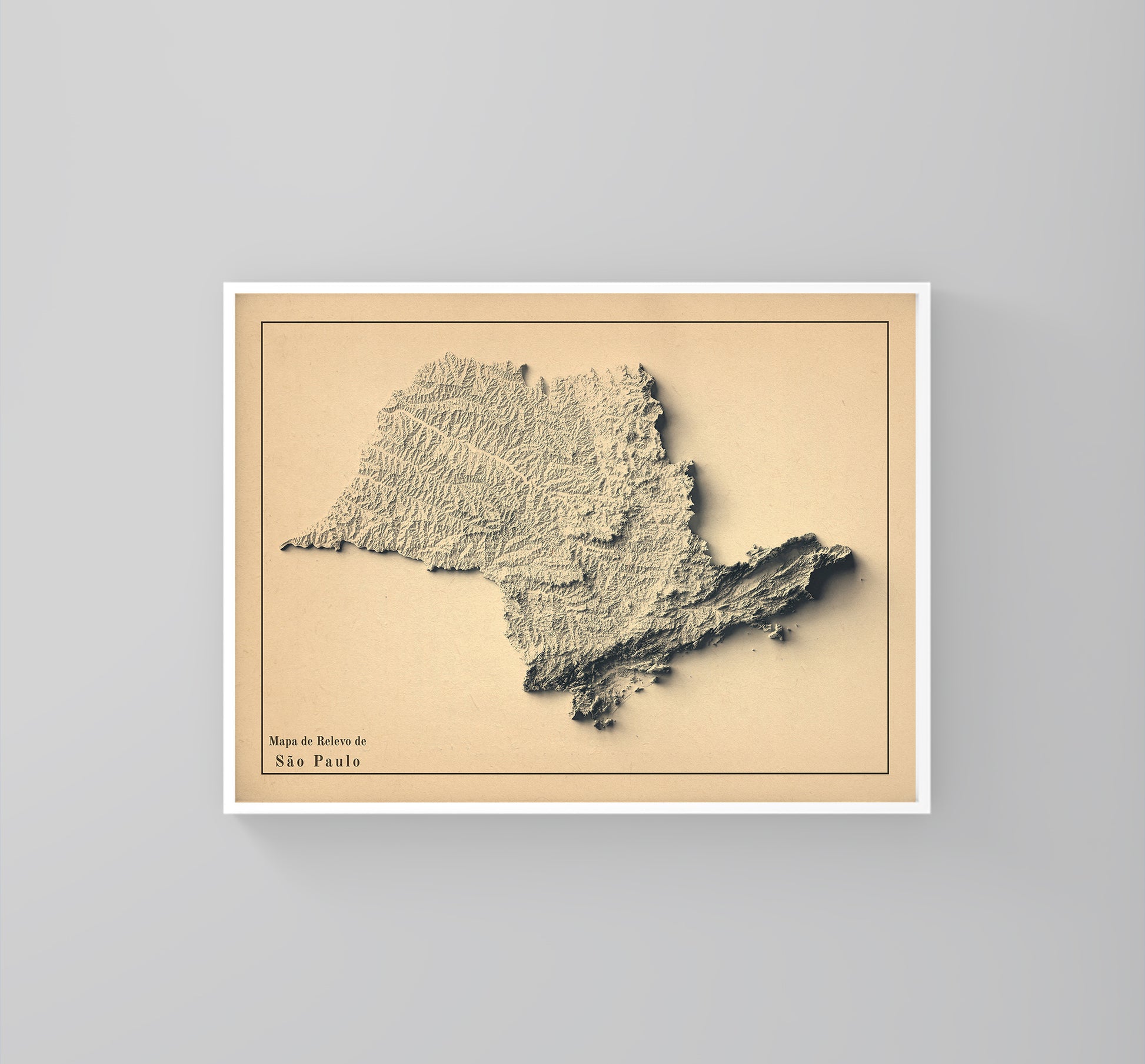 Sao Paulo (Brazil) vintage framed shaded relief map in white frame. Artistic print highlighting mountains with a realistic 3d effect