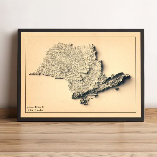Sao Paulo (Brazil) vintage framed shaded relief map in black frame. Artistic print highlighting mountains with a realistic terrain effect