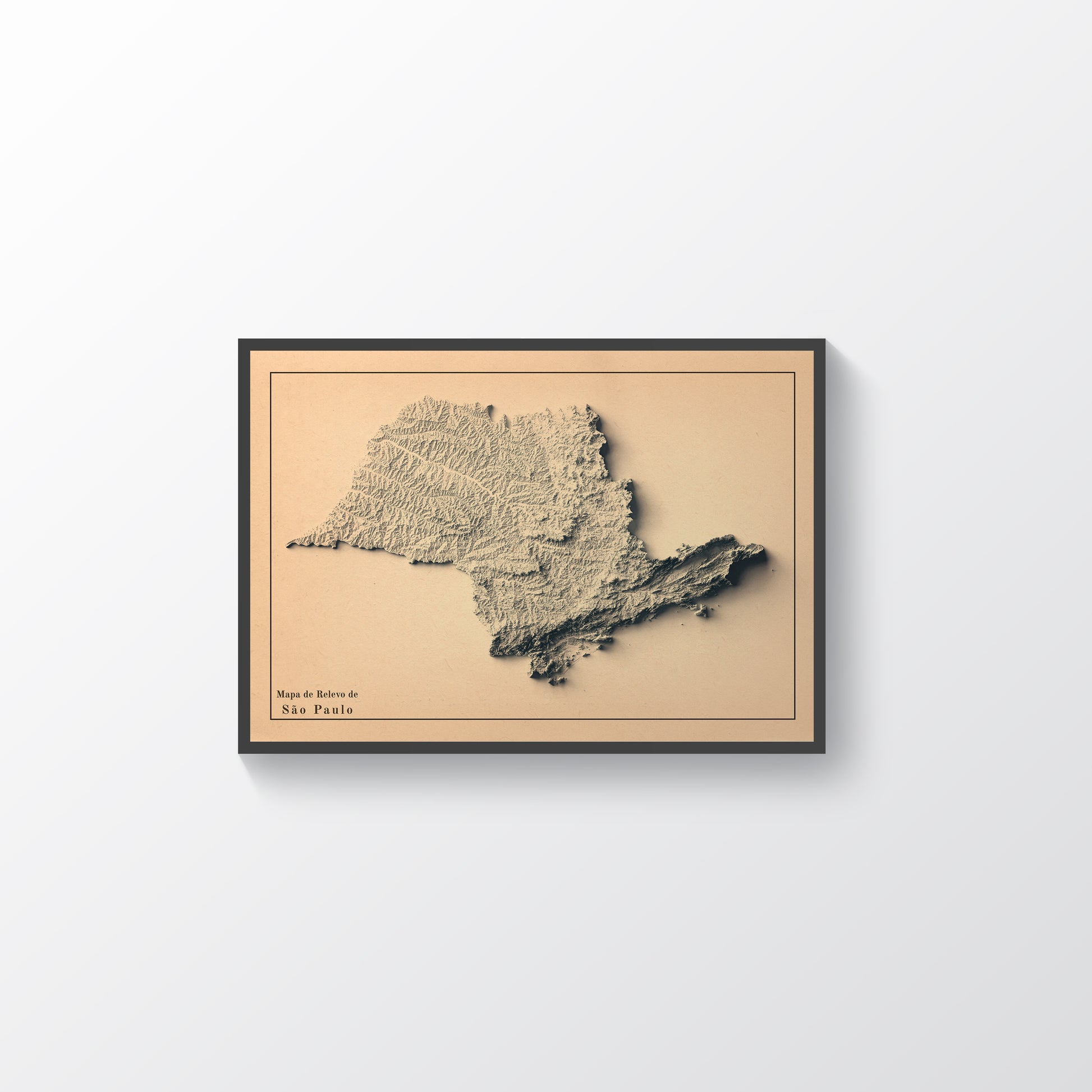 Sao Paulo (Brazil) vintage framed shaded relief map in black frame. Artistic print highlighting mountains with a realistic terrain effect