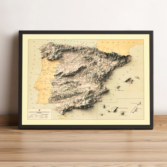 Spain vintage framed shaded relief map in black frame. Artistic print highlighting mountains with a realistic terrain effect