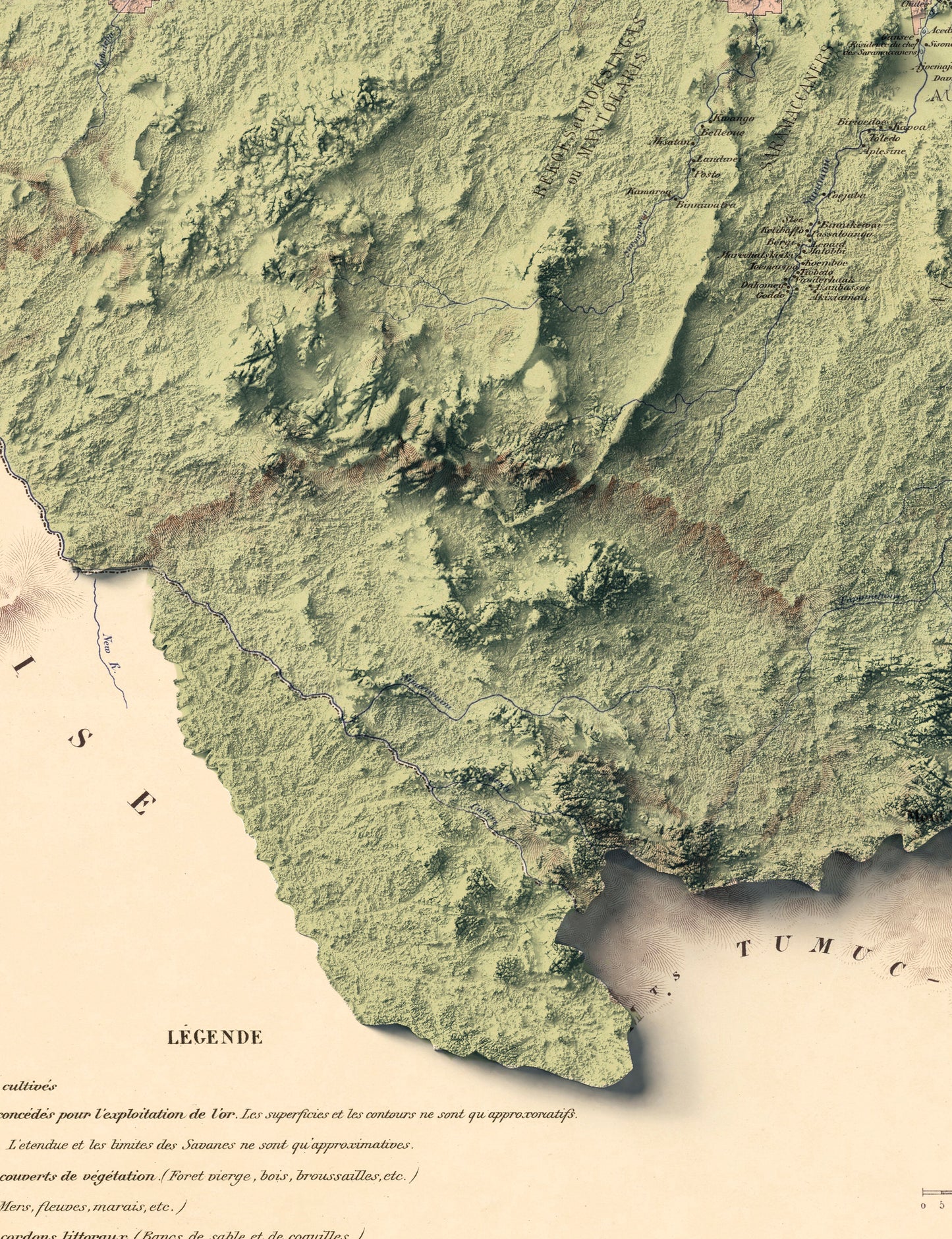 Detailed close-up of a vintage Suriname relief map, showcasing textured topography and geographic contours