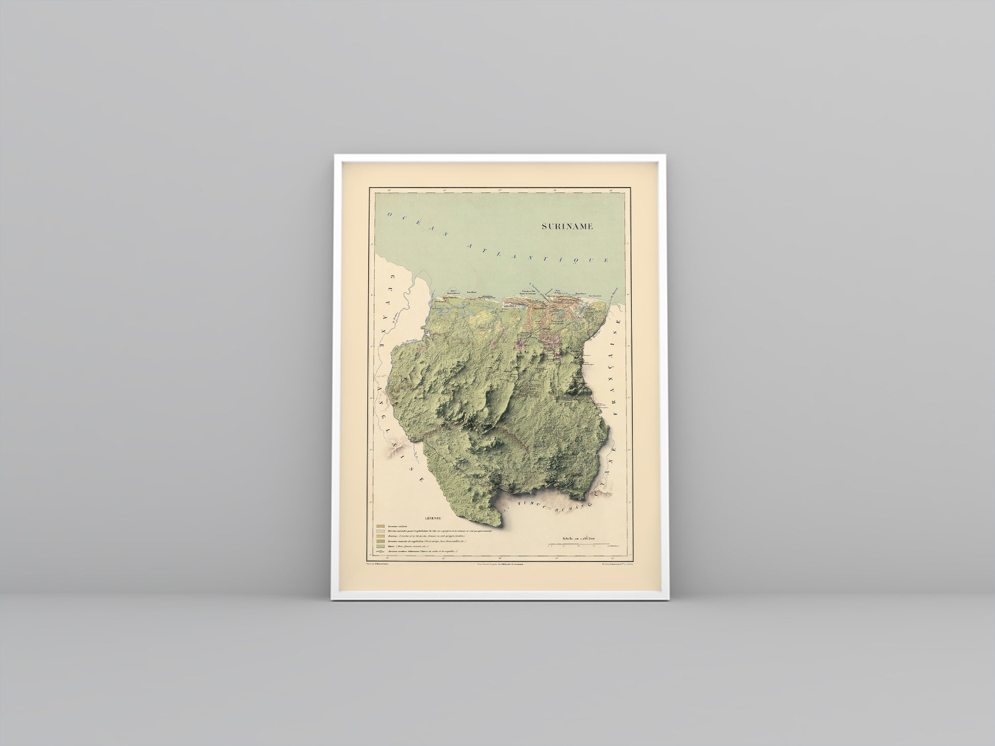 Suriname vintage framed shaded relief map in white frame. Artistic print highlighting mountains with a realistic 3d effect