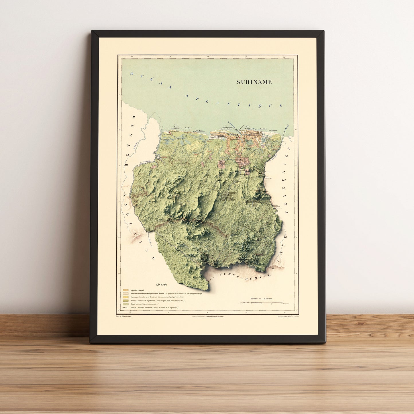Suriname vintage framed shaded relief map in black frame. Artistic print highlighting mountains with a realistic terrain effect