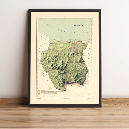 Suriname vintage framed shaded relief map in black frame. Artistic print highlighting mountains with a realistic terrain effect