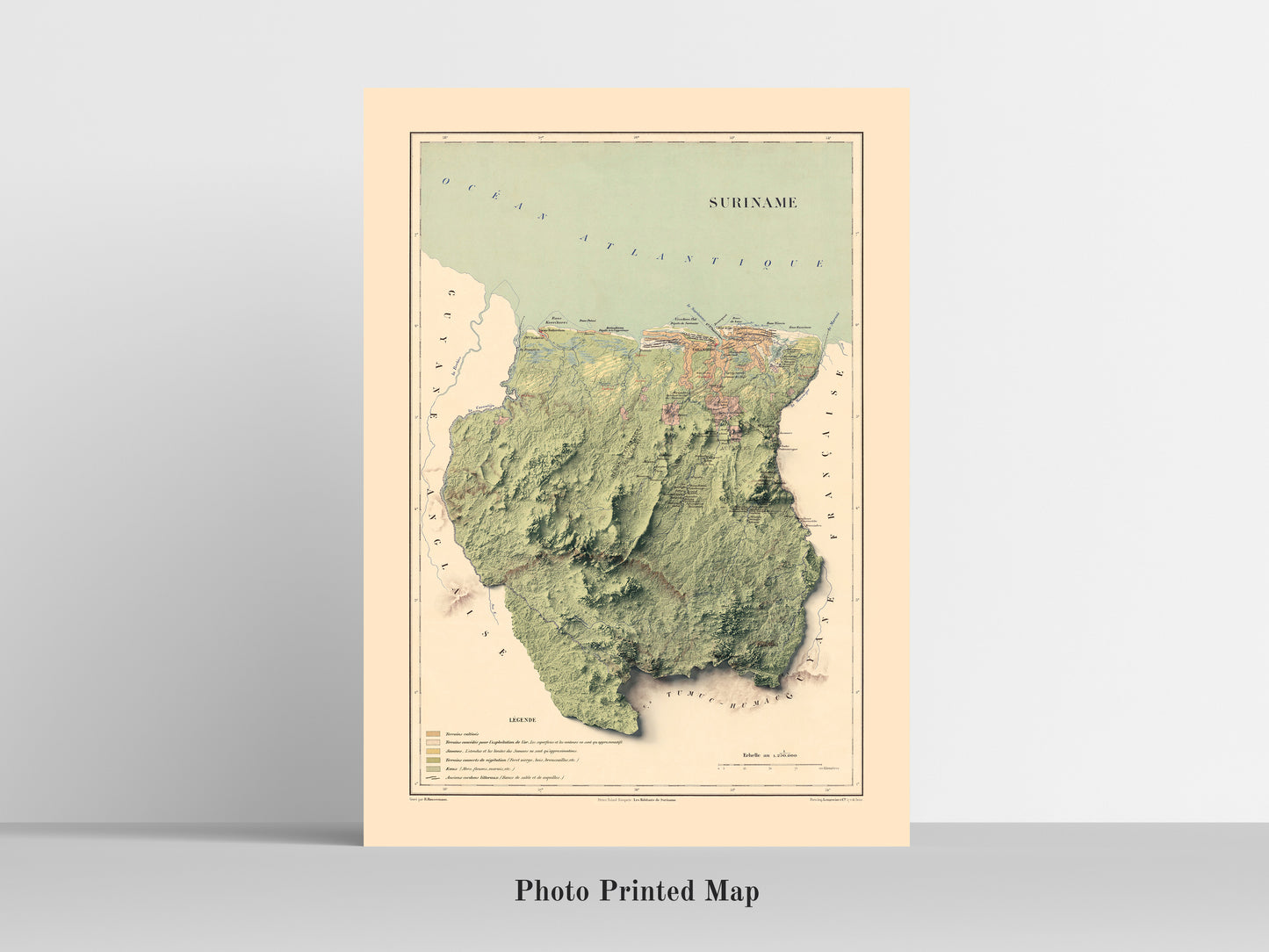 Suriname Shaded relief map print, highlighting topography. Ideal for home decor and geography lovers