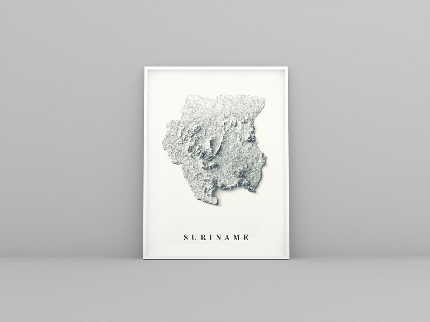 Suriname framed shaded relief map in white frame. Artistic print highlighting mountains with a realistic 3d effect