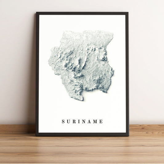 Suriname framed shaded relief map in black frame. Artistic print highlighting mountains with a realistic terrain effect
