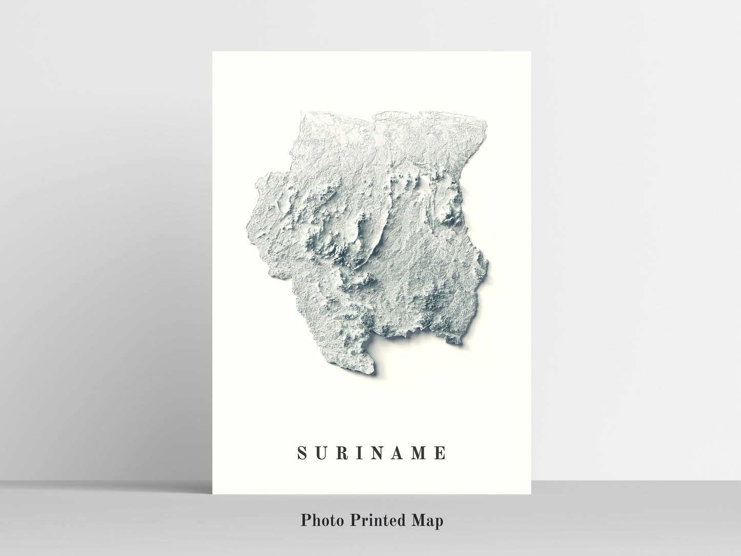 Suriname Shaded relief map print, highlighting topography. Ideal for home decor and geography lovers