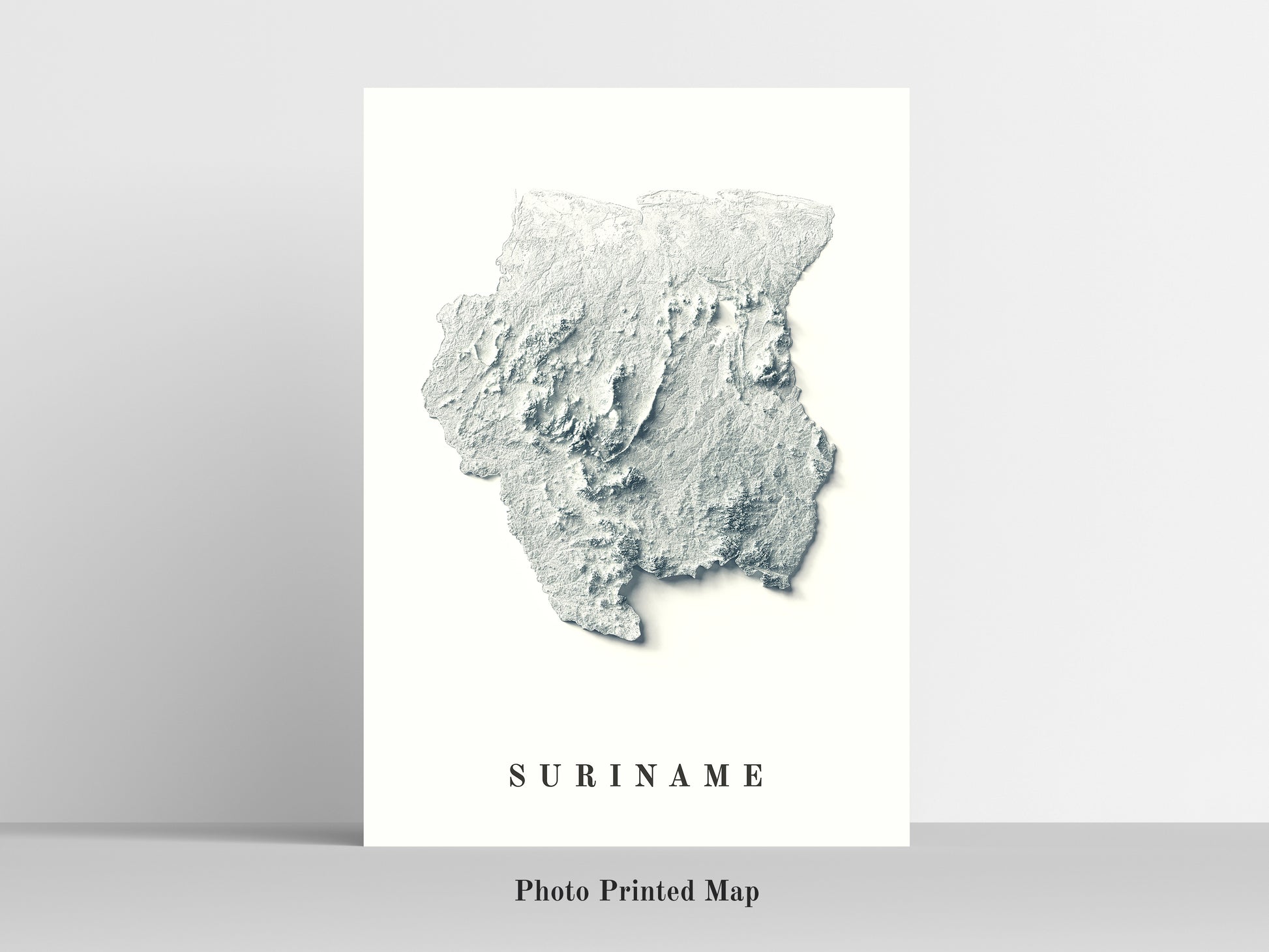 Suriname Shaded relief map print, highlighting topography. Ideal for home decor and geography lovers