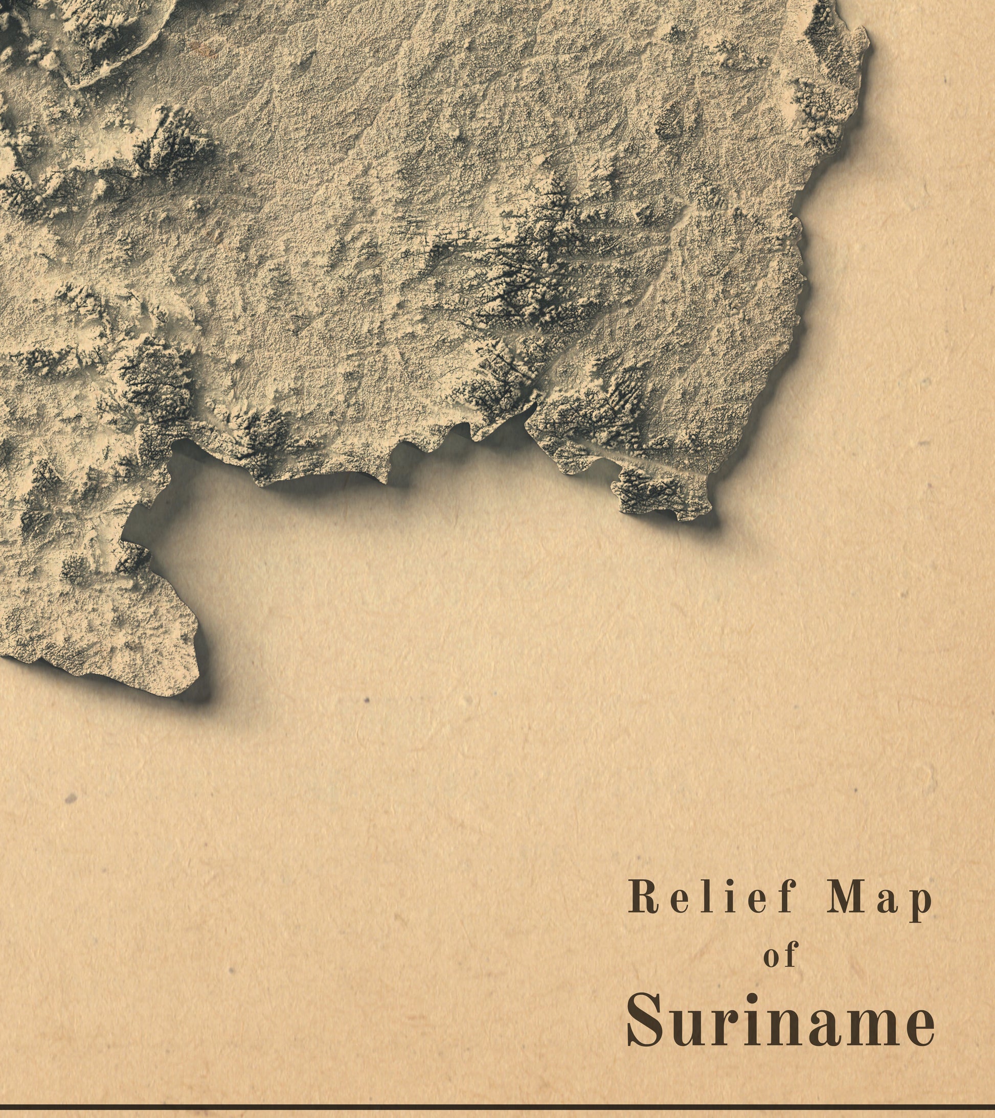 Detailed close-up of a vintage Suriname relief map, showcasing textured topography and geographic contours
