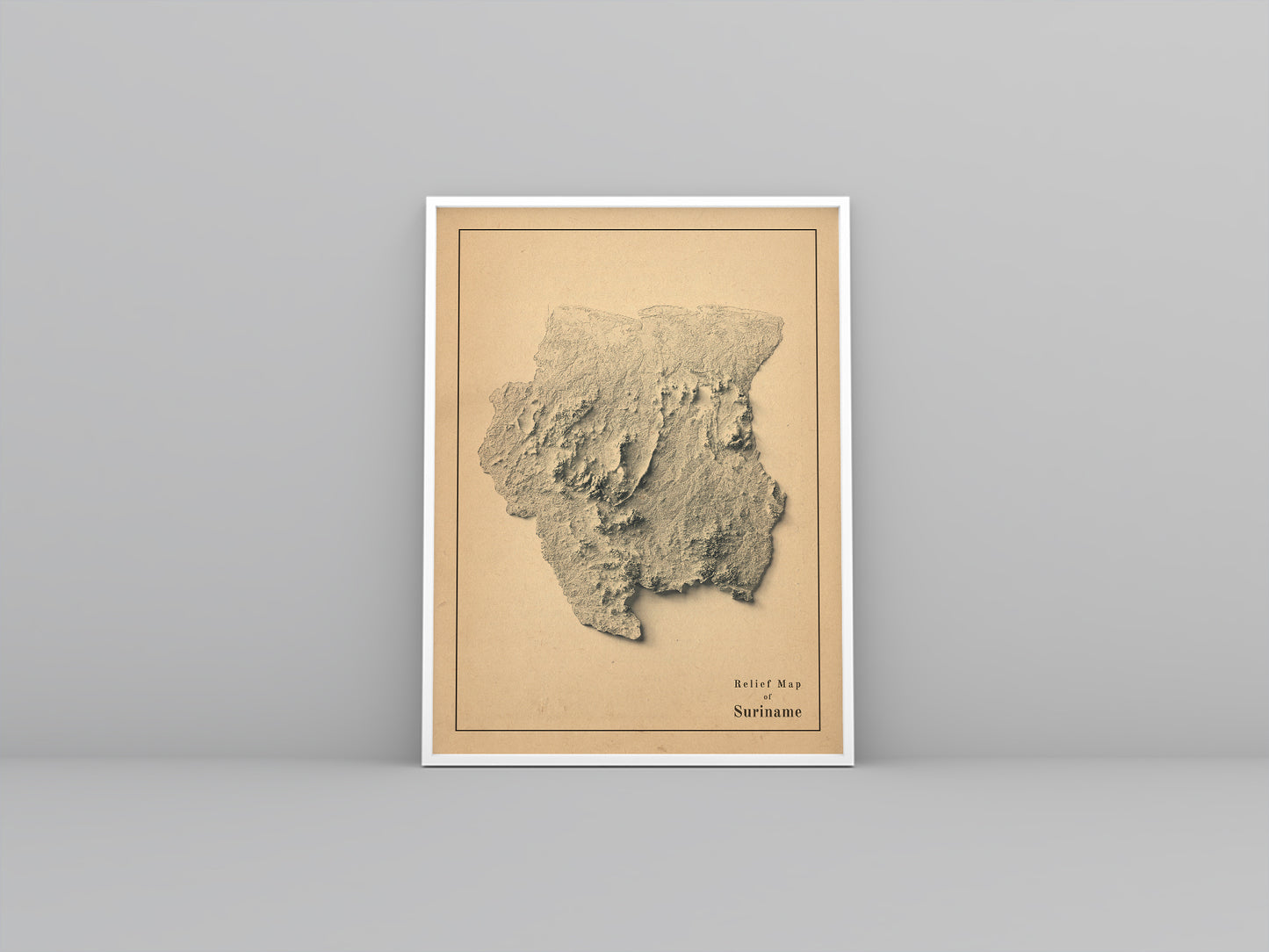 Suriname vintage framed shaded relief map in white frame. Artistic print highlighting mountains with a realistic 3d effect