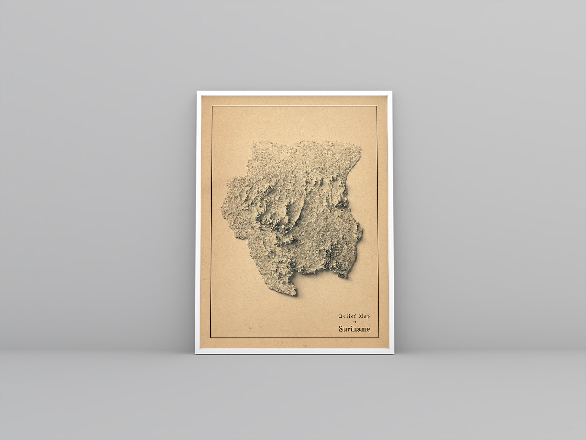 Suriname vintage framed shaded relief map in white frame. Artistic print highlighting mountains with a realistic 3d effect