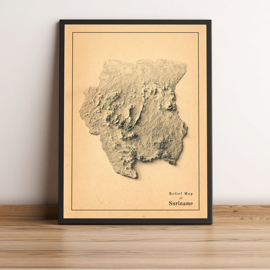 Suriname vintage framed shaded relief map in black frame. Artistic print highlighting mountains with a realistic terrain effect