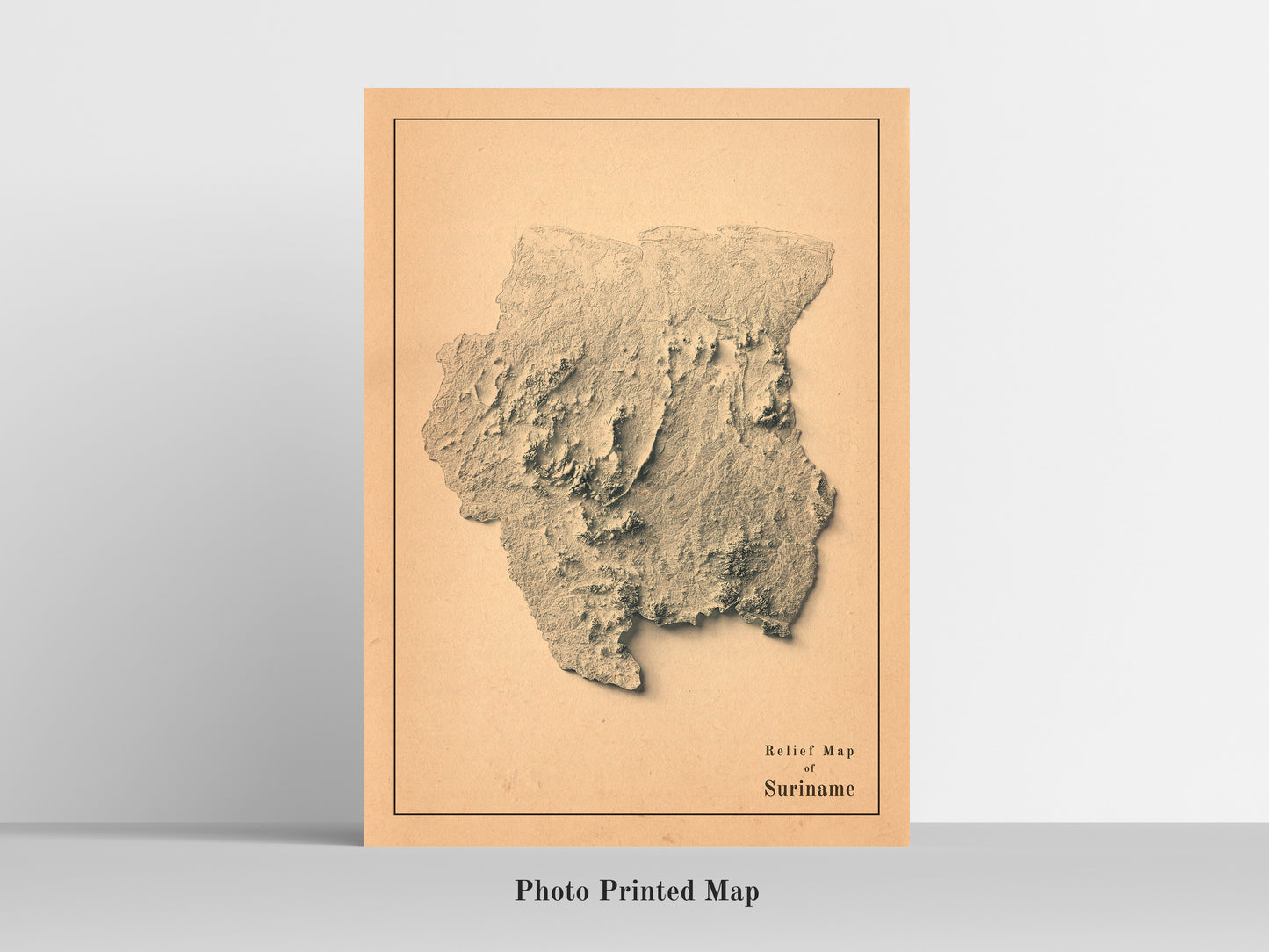 Suriname Shaded relief map print, highlighting topography. Ideal for home decor and geography lovers