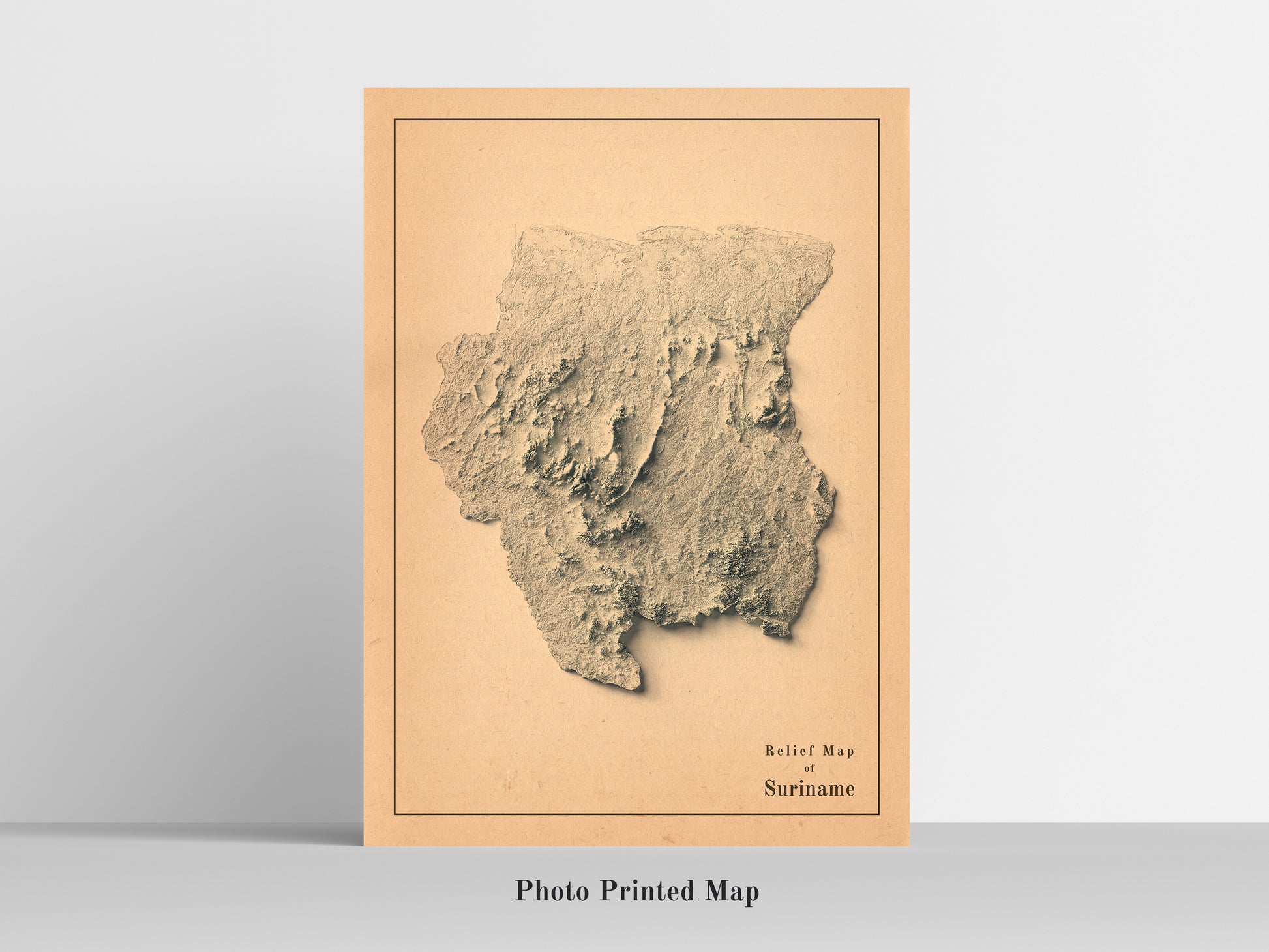 Suriname Shaded relief map print, highlighting topography. Ideal for home decor and geography lovers