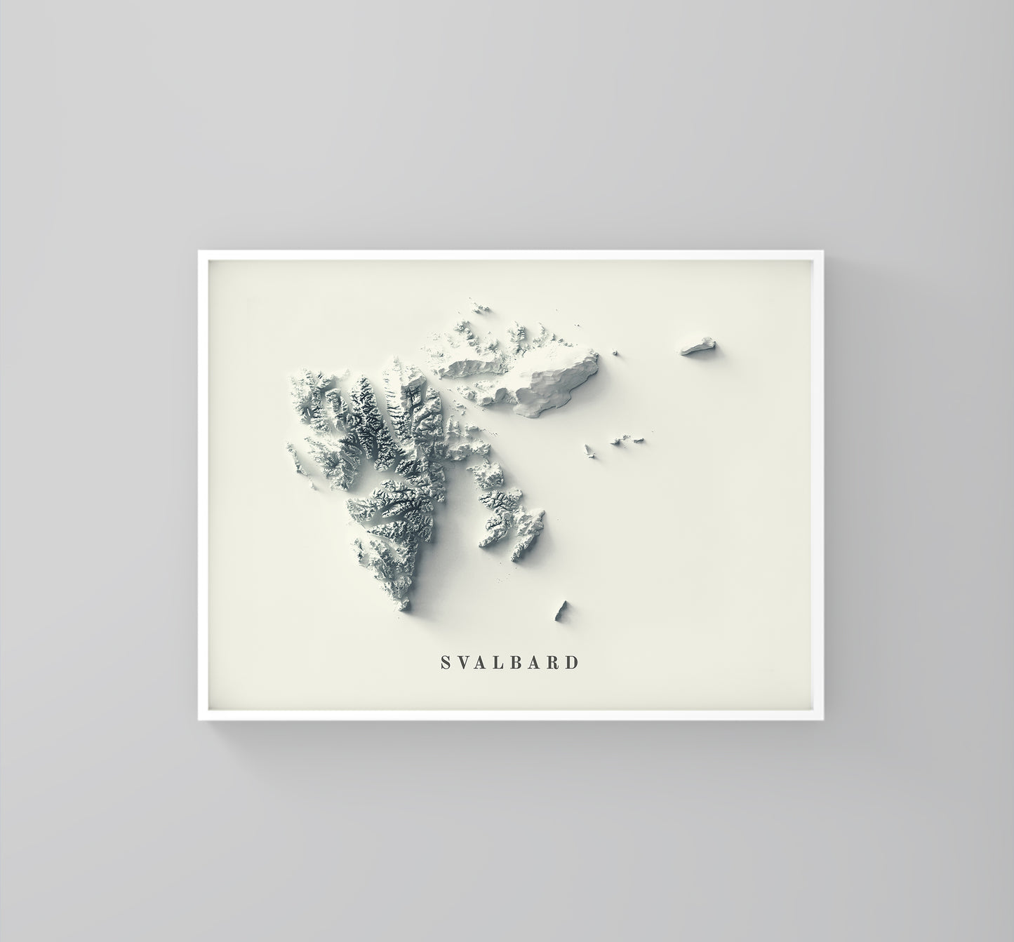 Svalbard, Norway, framed shaded relief map in white frame. Artistic print highlighting mountains with a realistic 3d effect