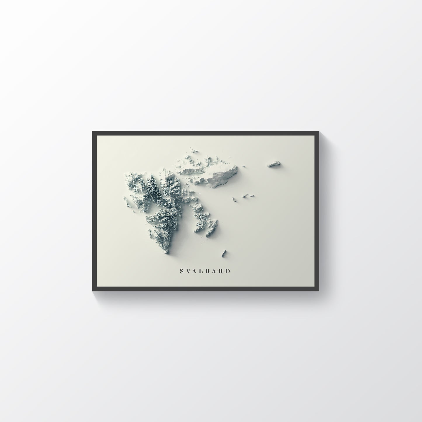 Svalbard, Norway, framed shaded relief map in black frame. Artistic print highlighting mountains with a realistic terrain effect
