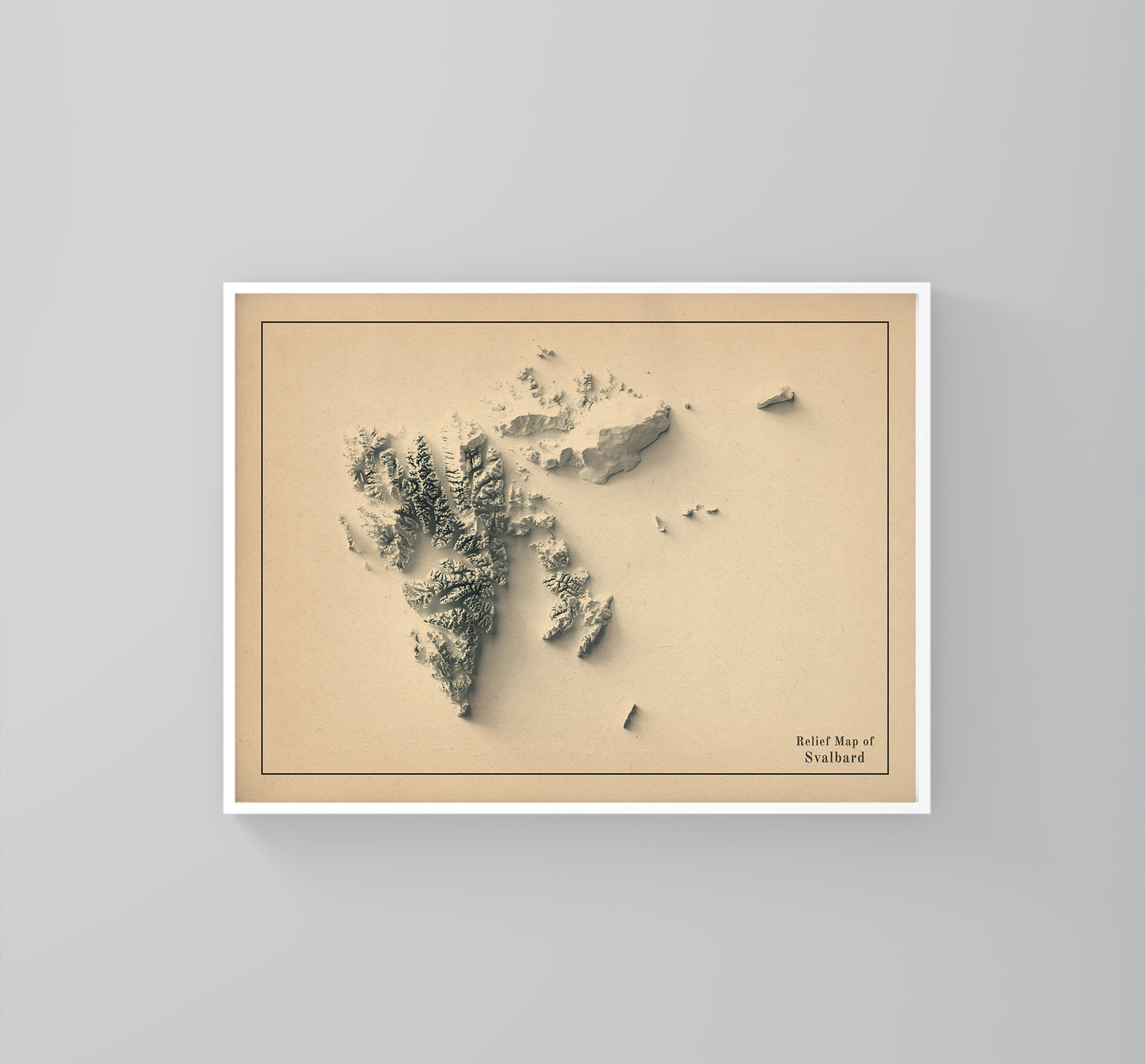 Svalbard, Norway, vintage framed shaded relief map in white frame. Artistic print highlighting mountains with a realistic 3d effect