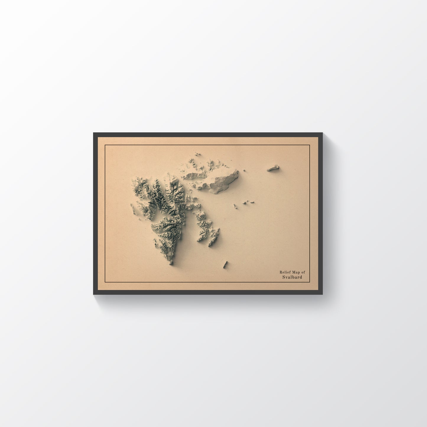 Svalbard, Norway, vintage framed shaded relief map in black frame. Artistic print highlighting mountains with a realistic terrain effect