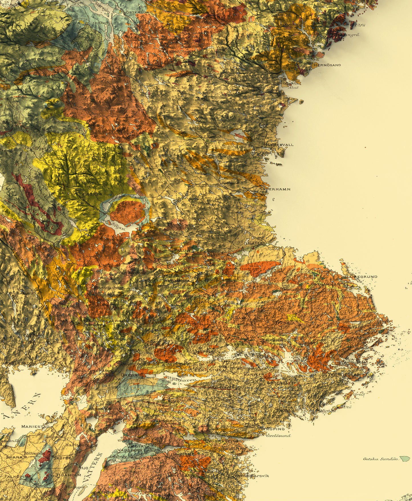 Detailed close-up of a vintage Sweden relief map, showcasing textured topography and geographic contours