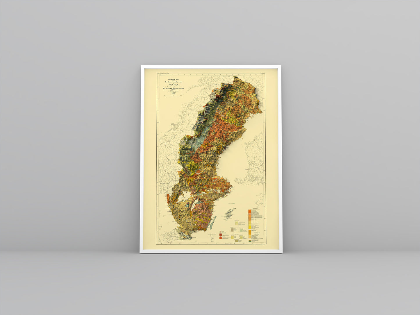 Sweden vintage framed shaded relief map in white frame. Artistic print highlighting mountains with a realistic 3d effect