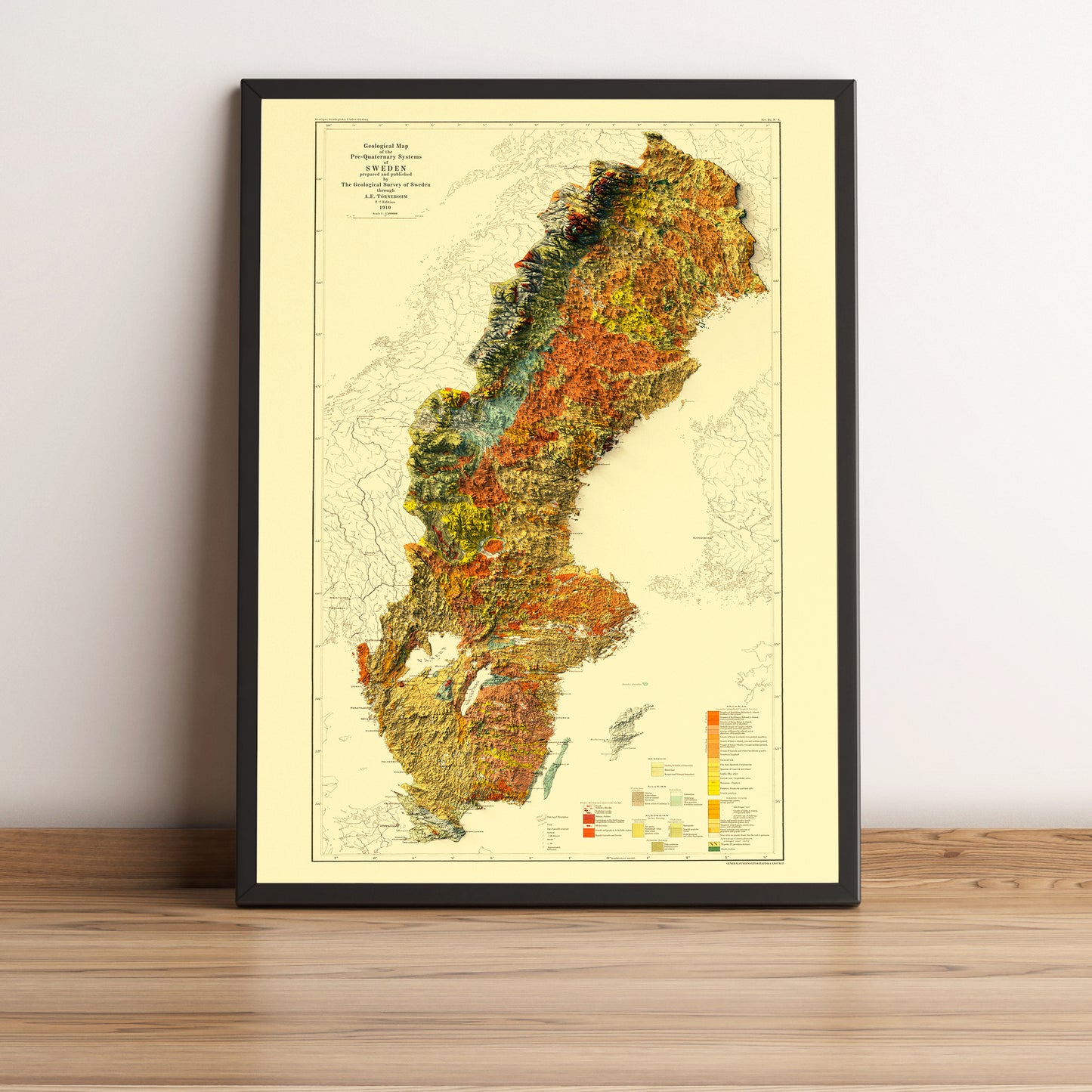 Sweden vintage framed shaded relief map in black frame. Artistic print highlighting mountains with a realistic terrain effect