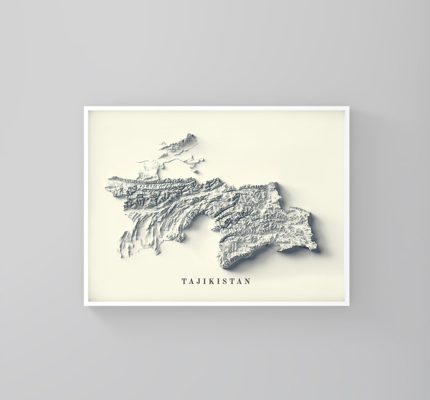 Tajikistan framed shaded relief map in white frame. Artistic print highlighting mountains with a realistic 3d effect