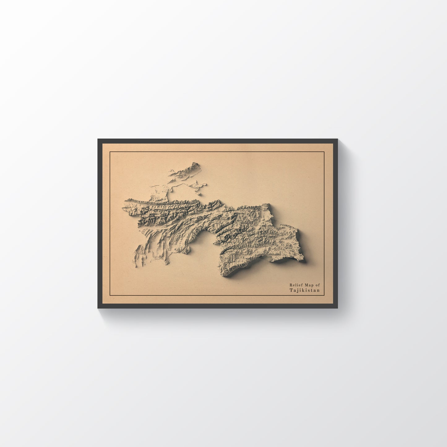 Tajikistan vintage framed shaded relief map in black frame. Artistic print highlighting mountains with a realistic terrain effect