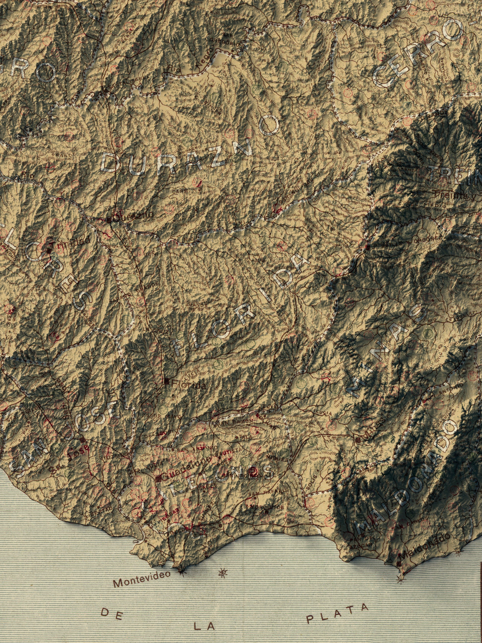 Detailed close-up of a vintage Uruguay relief map, showcasing textured topography and geographic contours