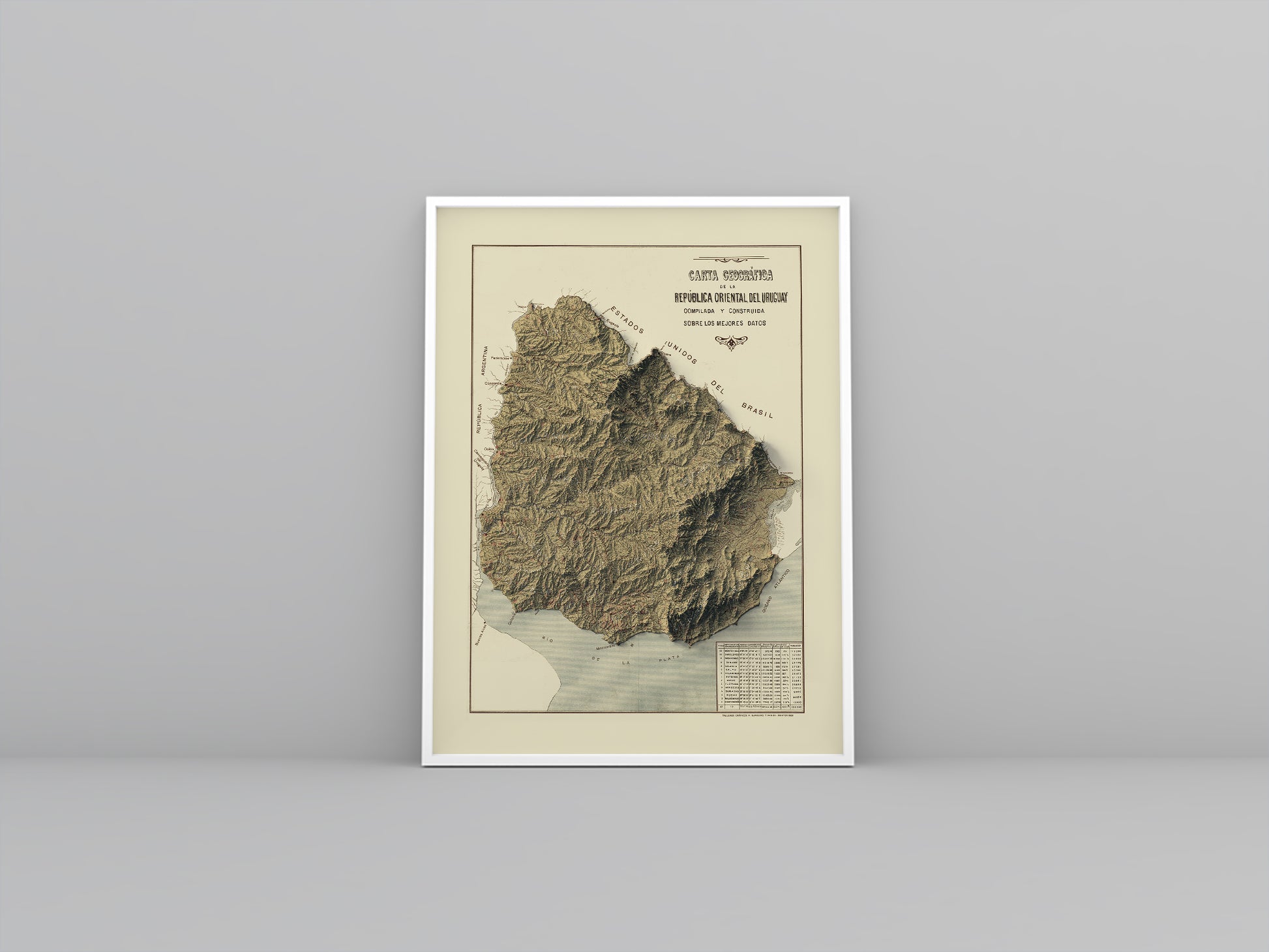 Uruguay vintage framed shaded relief map in white frame. Artistic print highlighting mountains with a realistic 3d effect