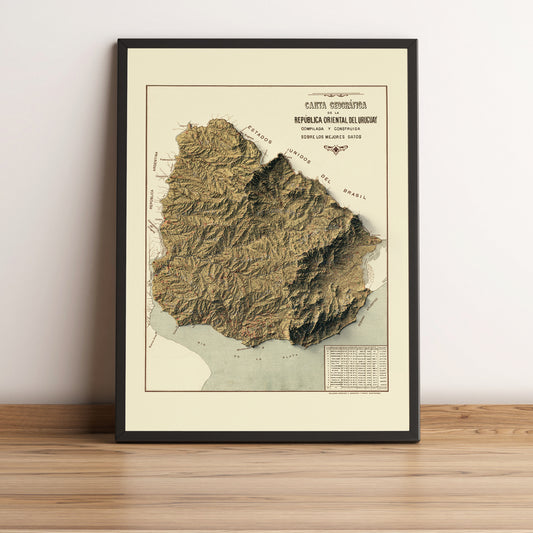 Uruguay vintage framed shaded relief map in black frame. Artistic print highlighting mountains with a realistic terrain effect