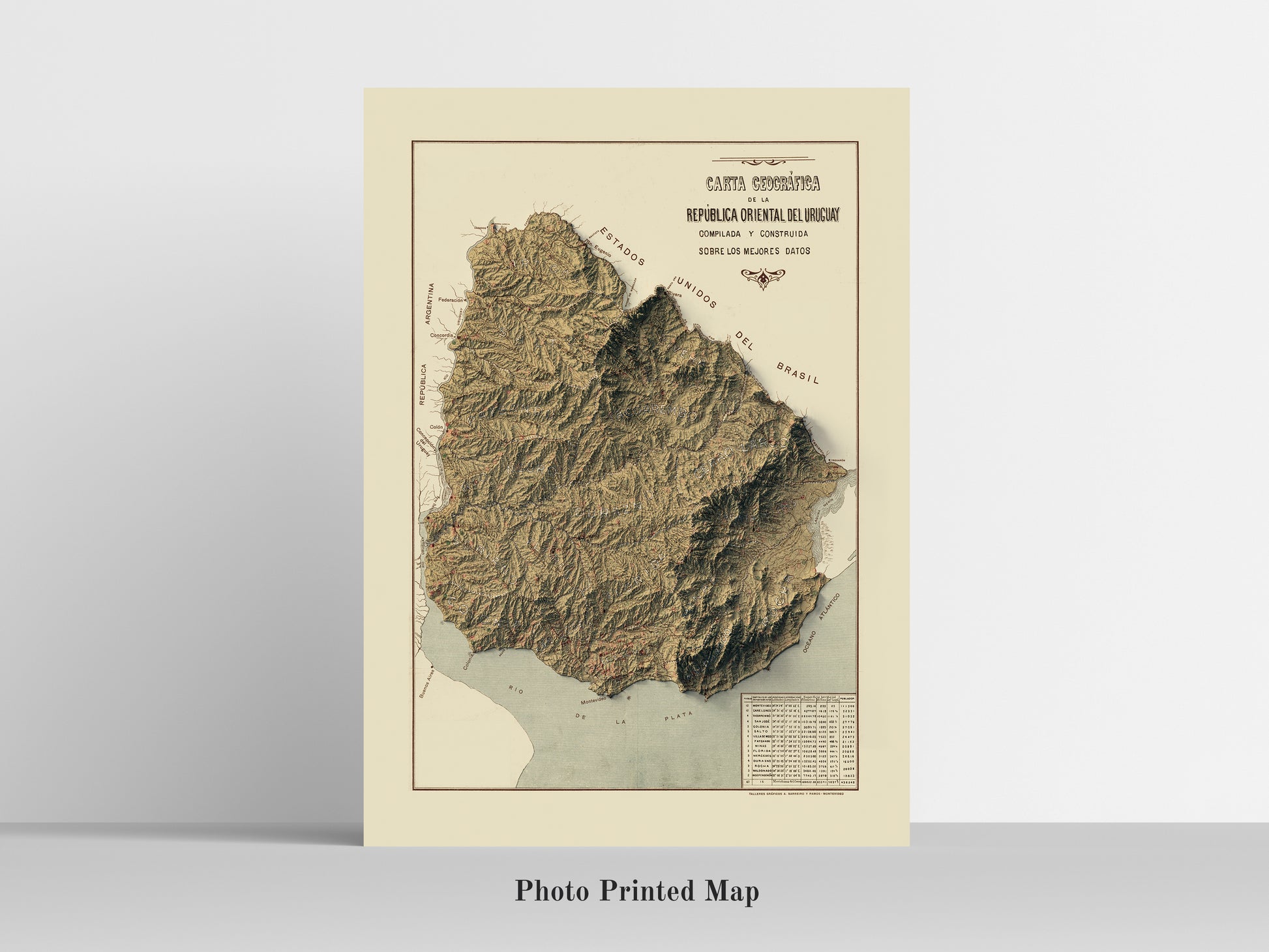 Uruguay Shaded relief map print, highlighting topography. Ideal for home decor and geography lovers