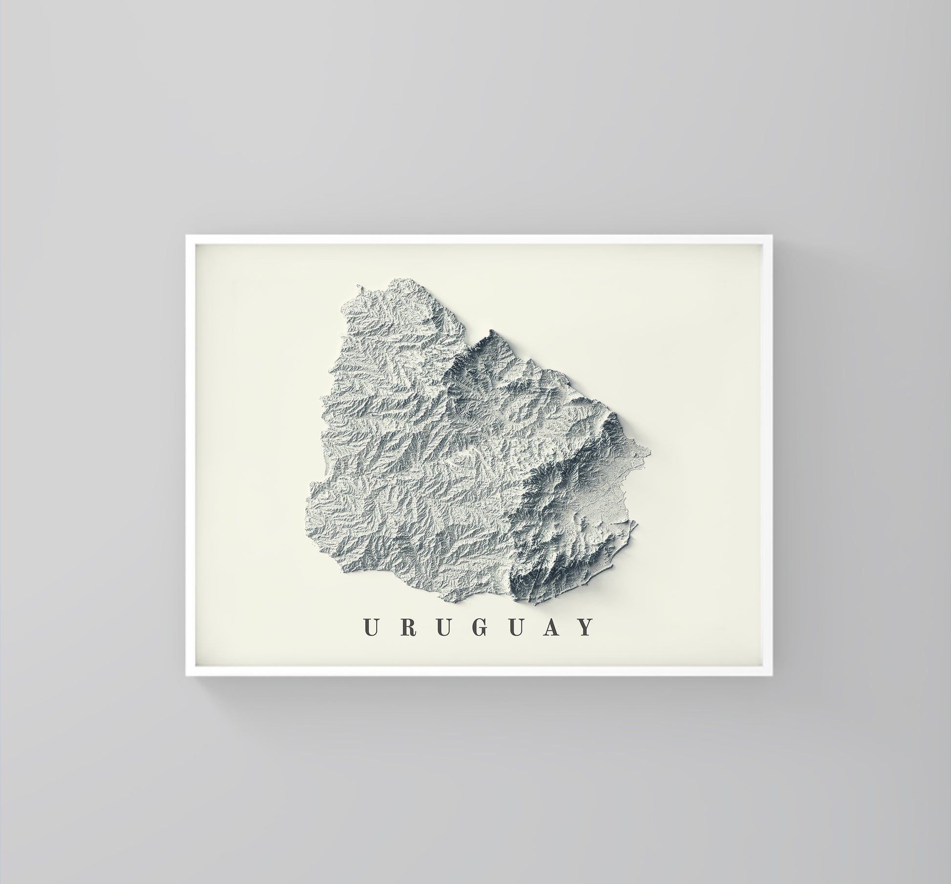 Uruguay framed shaded relief map in white frame. Artistic print highlighting mountains with a realistic 3d effect