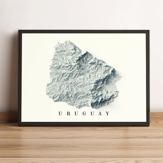 Uruguay framed shaded relief map in black frame. Artistic print highlighting mountains with a realistic terrain effect