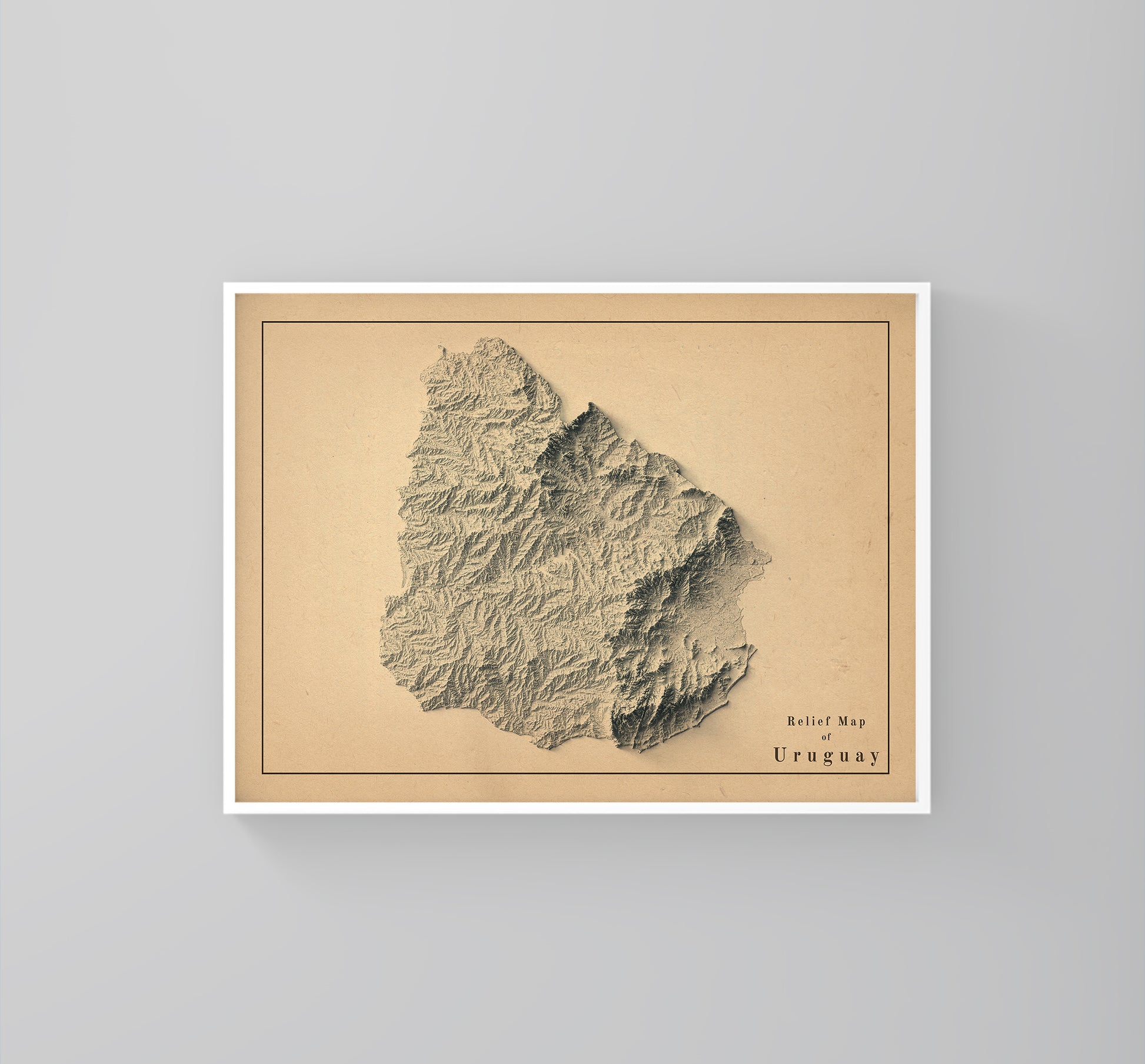 Uruguay vintage framed shaded relief map in white frame. Artistic print highlighting mountains with a realistic 3d effect