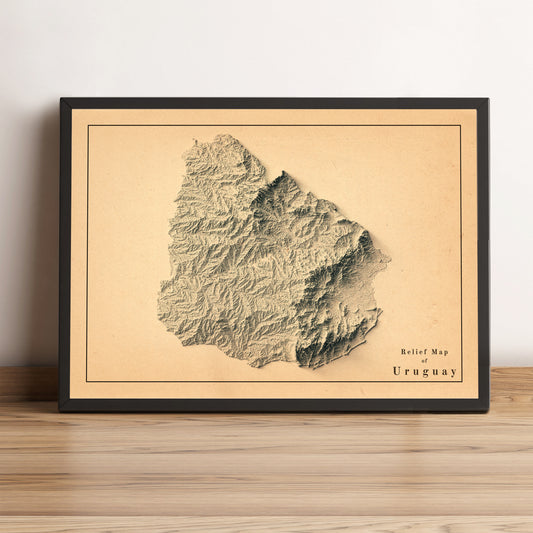 Uruguay vintage framed shaded relief map in black frame. Artistic print highlighting mountains with a realistic terrain effect