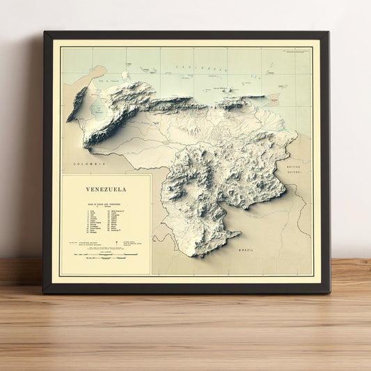 Venezuela vintage framed shaded relief map in black frame. Artistic print highlighting mountains with a realistic terrain effect