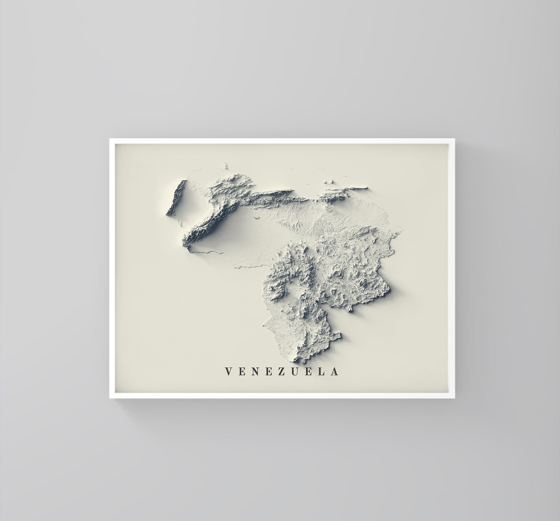 Venezuela framed shaded relief map in white frame. Artistic print highlighting mountains with a realistic 3d effect