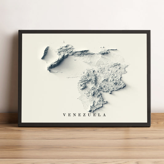 Venezuela framed shaded relief map in black frame. Artistic print highlighting mountains with a realistic terrain effect