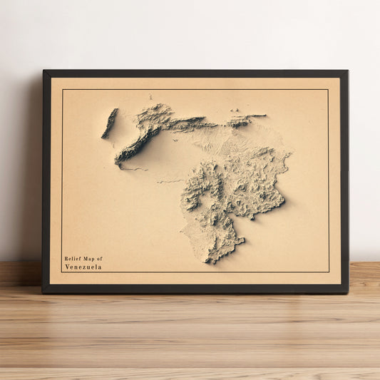 Venezuela vintage framed shaded relief map in black frame. Artistic print highlighting mountains with a realistic terrain effect