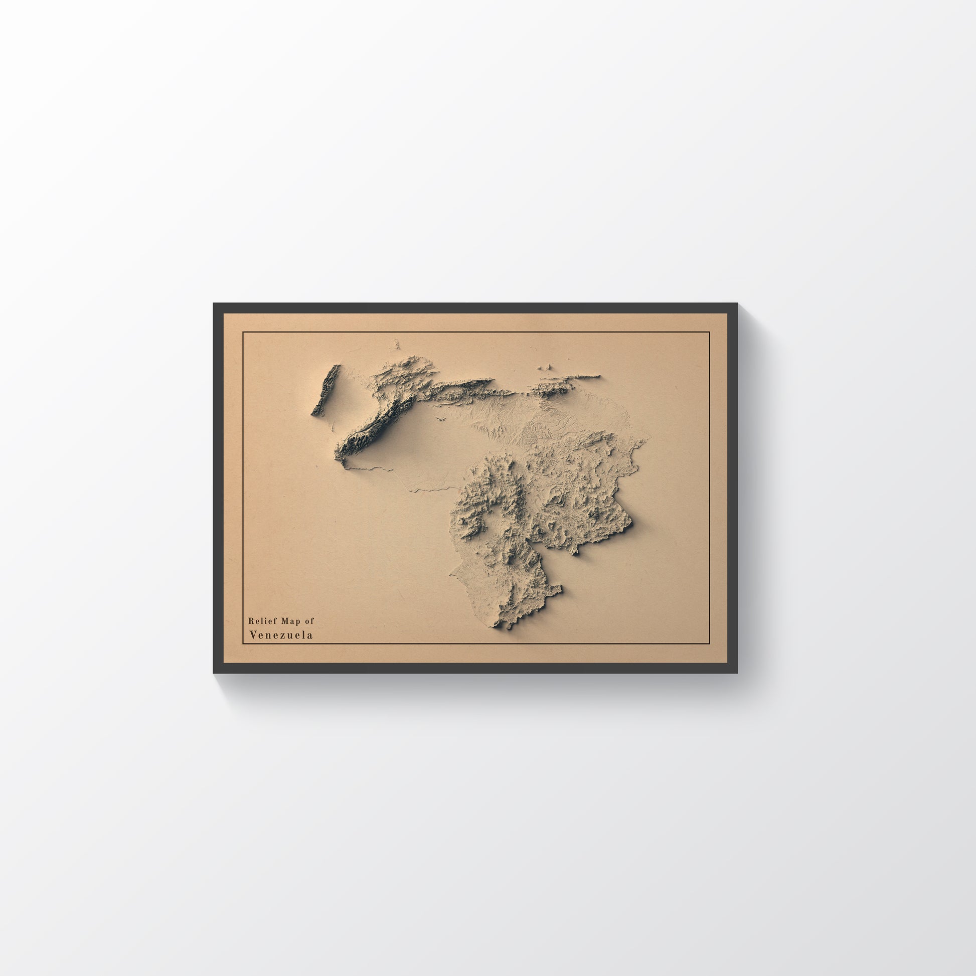 Venezuela vintage framed shaded relief map in black frame. Artistic print highlighting mountains with a realistic terrain effect