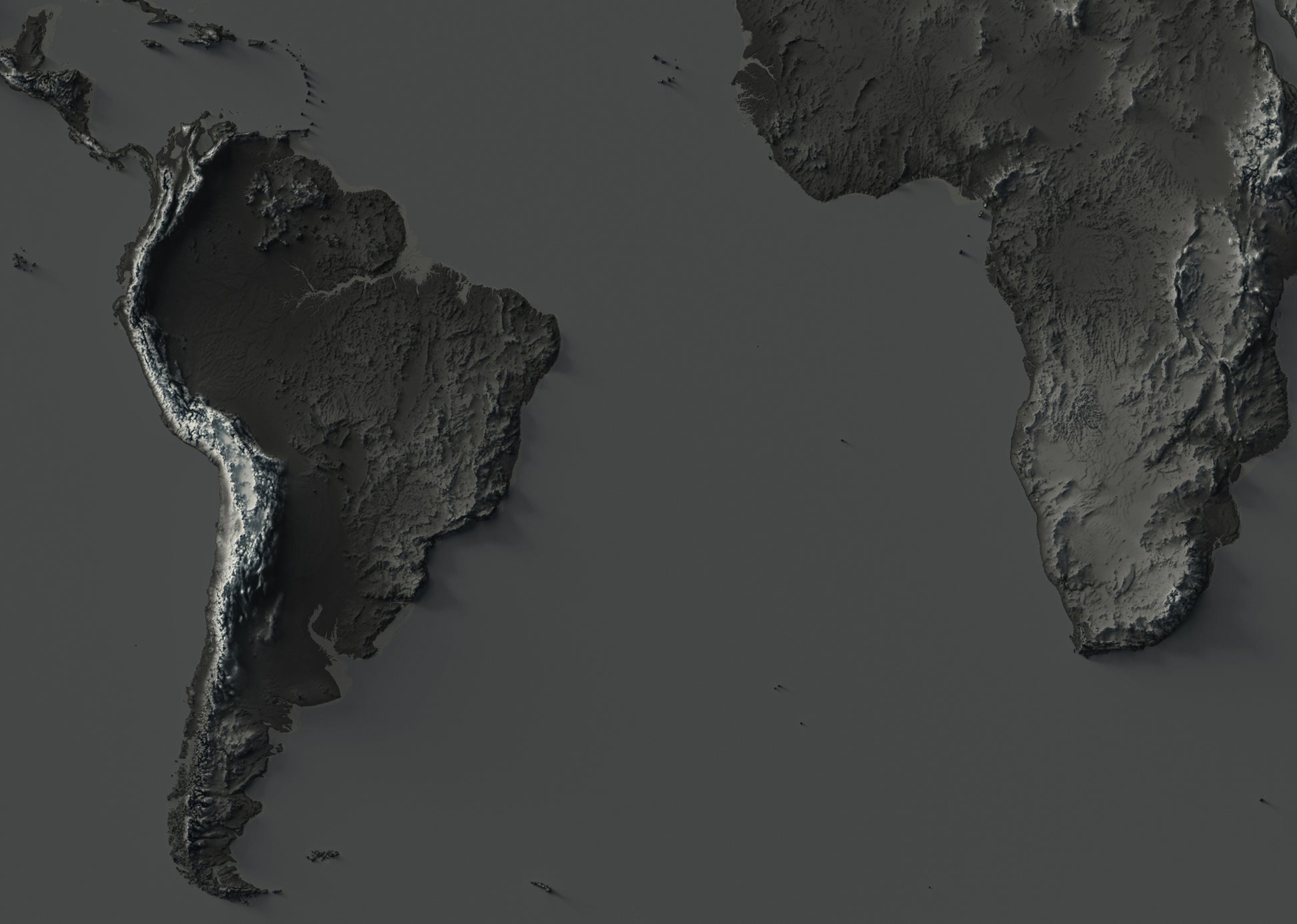 Detailed close-up of a World relief map in dark tone, showcasing textured topography and geographic contours