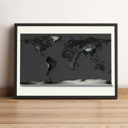World framed shaded relief map with dark tone in black frame. Artistic print highlighting mountains with a realistic terrain effect
