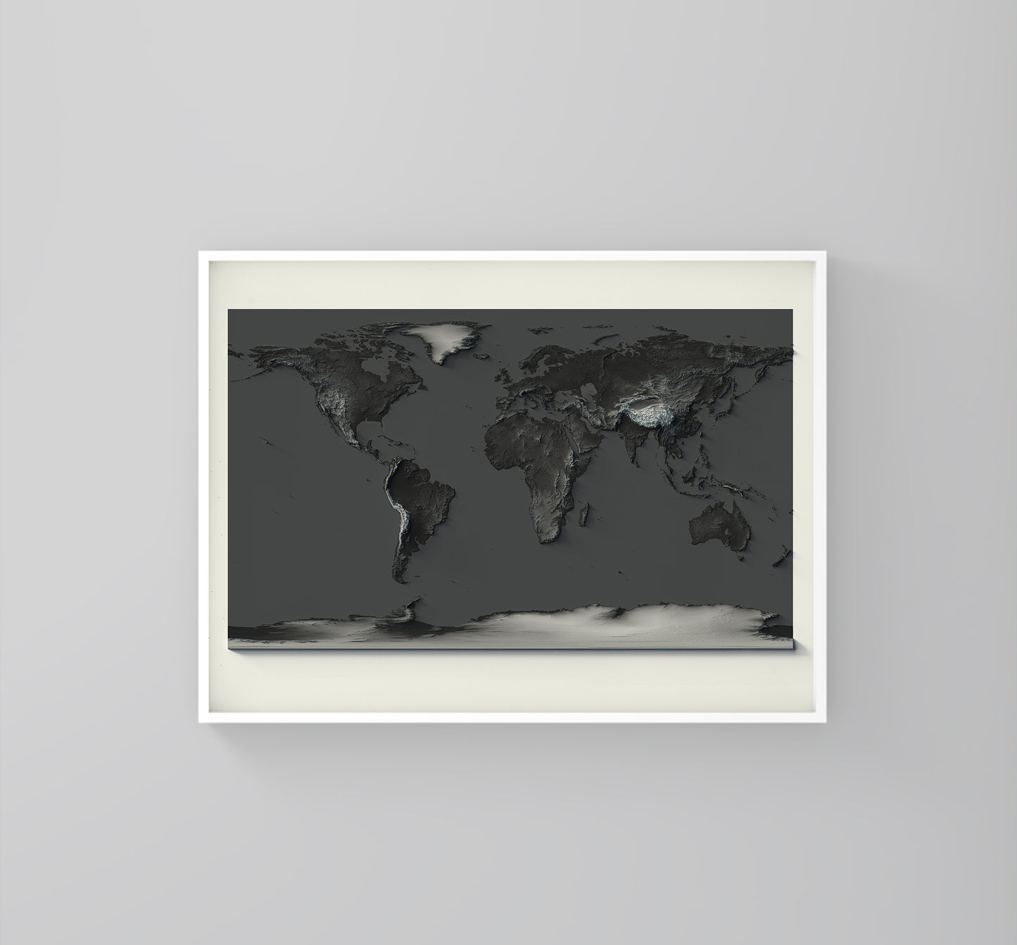 World framed shaded relief map with dark tone in white frame. Artistic print highlighting mountains with a realistic 3d effect